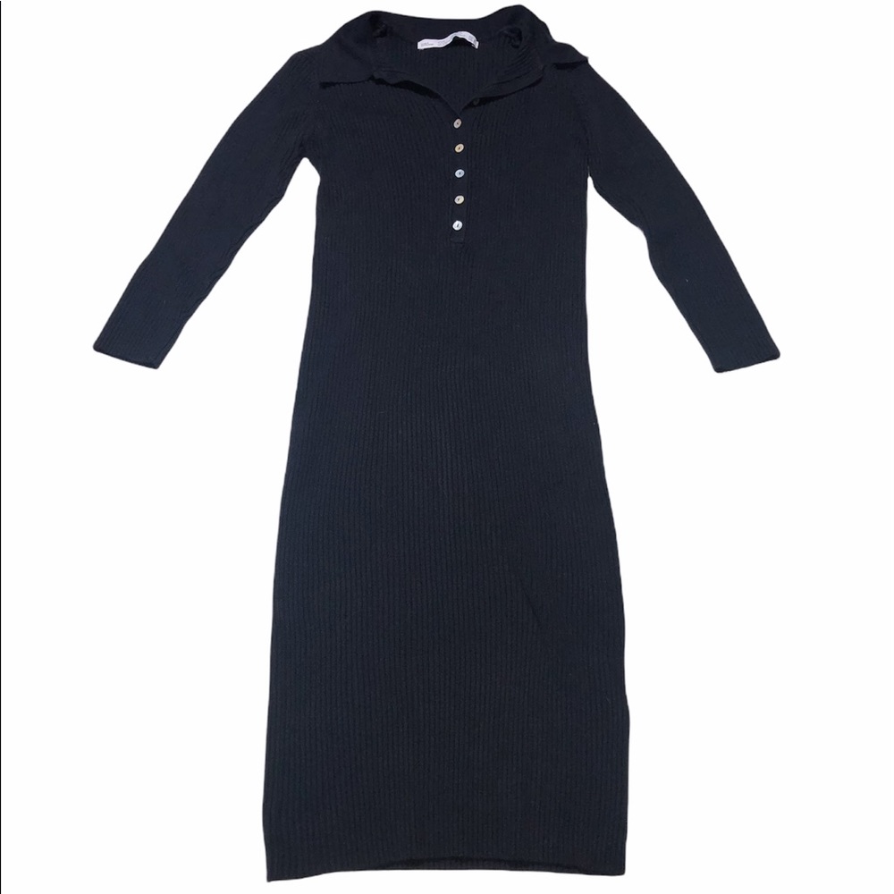 ZARA Knit Black Ribbed Sweater Bodycon Dress Collared Size Medium